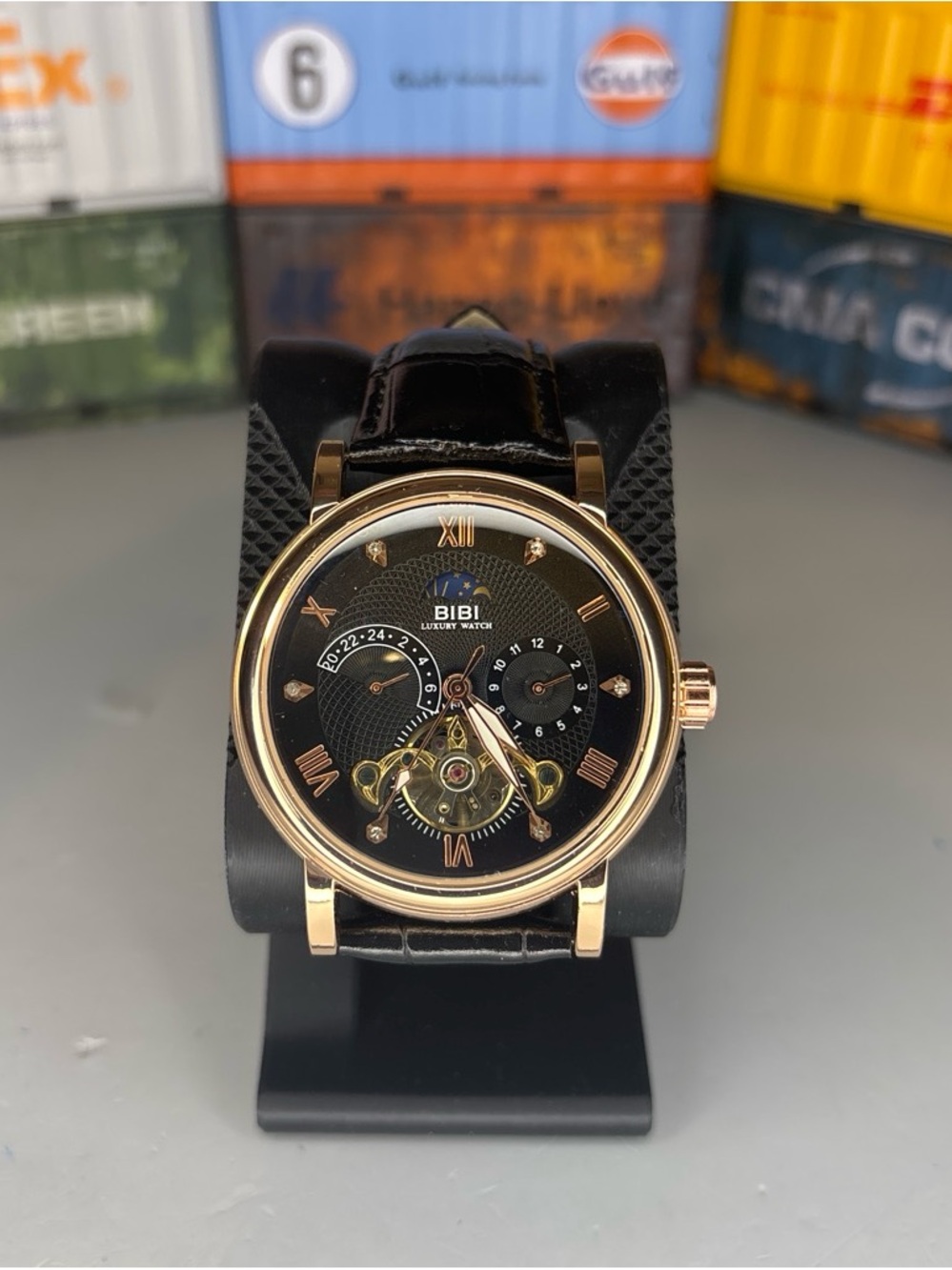 BiBi Automatic Black Dial Rose Gold Case Mechanical Dress Watch